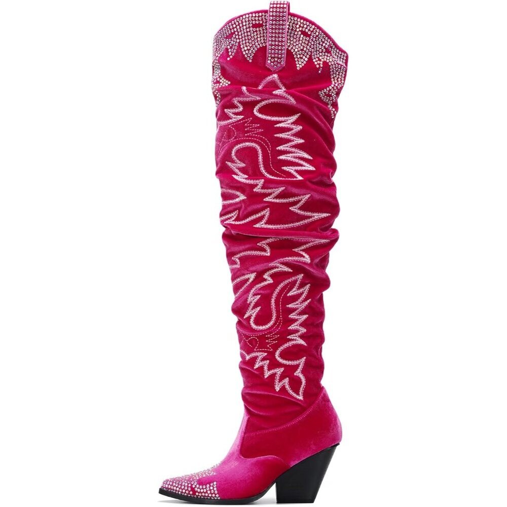 Women's Pink Rhinestone Embroidered Cowboy Boots Thigh High Slouchy Boots